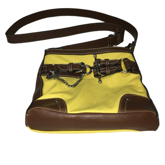CHAPS Western Yellow Brown Faux Leather Buckles Crossbody Bag - Picture 2 of 13